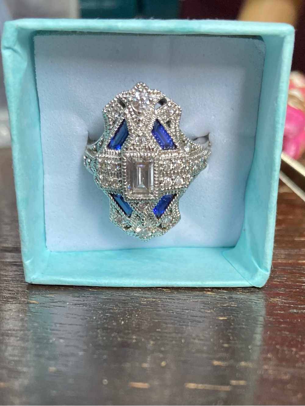 Vintage-Inspired .925 Sterling Silver Ring with Diamond and Sapphire Accents